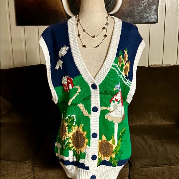 P’ Galli Designs~Vintage X-Large Vest W/ Sunflower & Barn Scene Embroidery (New) - Picture 3 of 11